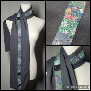 Patchwork Scarf Floral Womens 62" x 7"Grey Cottagecore Boho Unique Artsy
